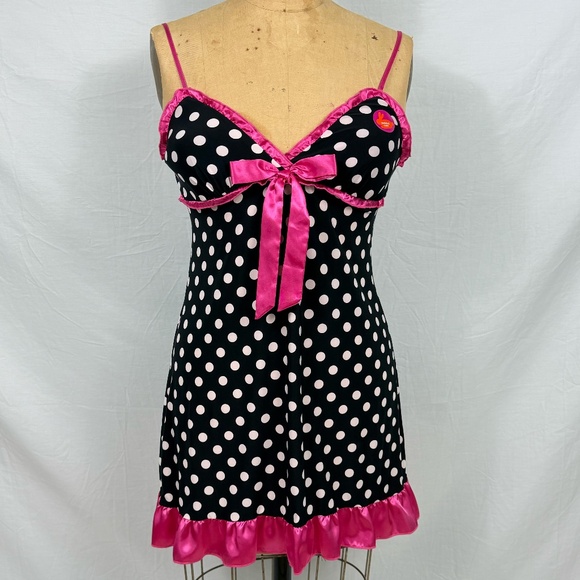 jenni by Jennifer Moore Black Nighty Polka Dots Pink Satin Trim Size Small - Picture 1 of 12